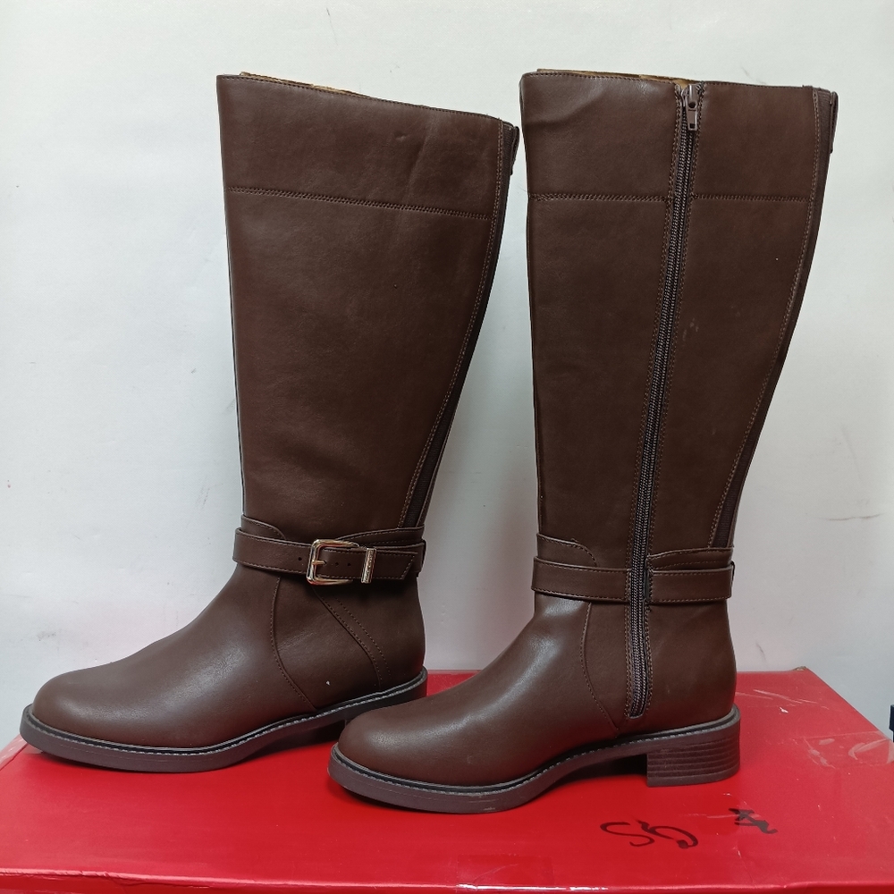 Brown Over the Knee Leather Boots with Buckle Detail